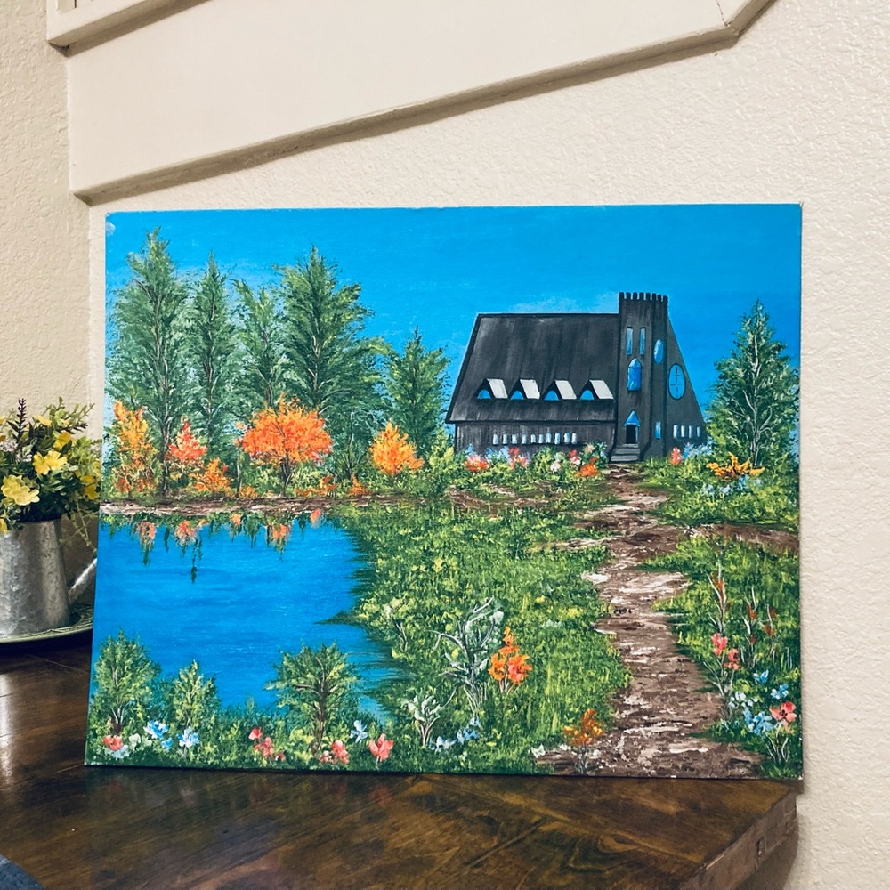 Large Acrylic Medium Painting Signed Countryside Church Cottage